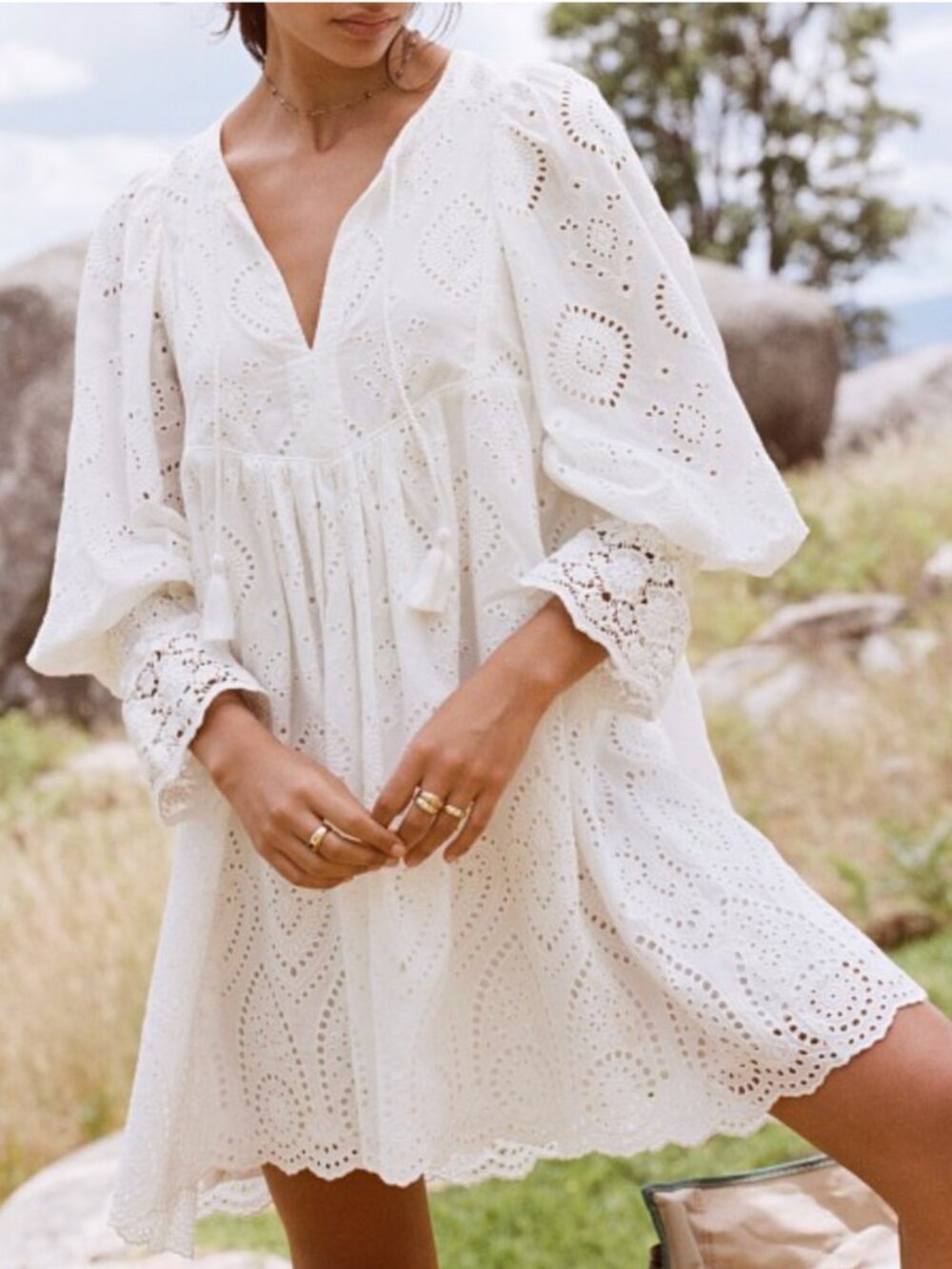 Spell Dylan Smock Mini Dress White Eyelet Lace Boho Size S